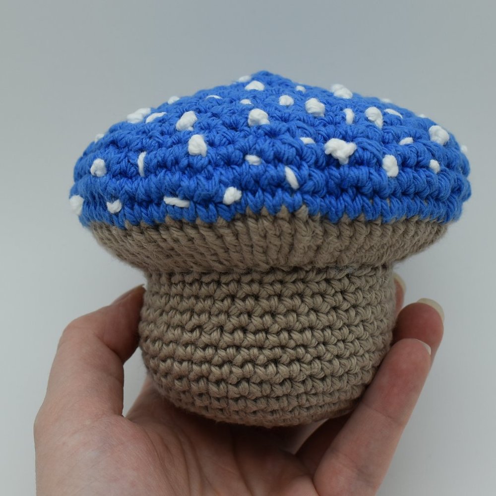Handcrafted Crochet Plush Mushroom Blue and White Spotted Cap